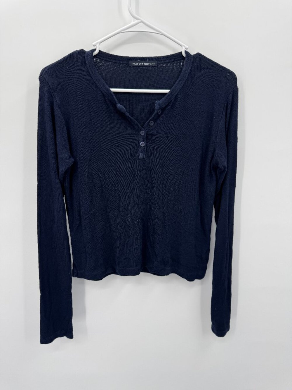 Brandy Melville Navy Blue Ribbed Henley Top One Size Long Sleeve Italy